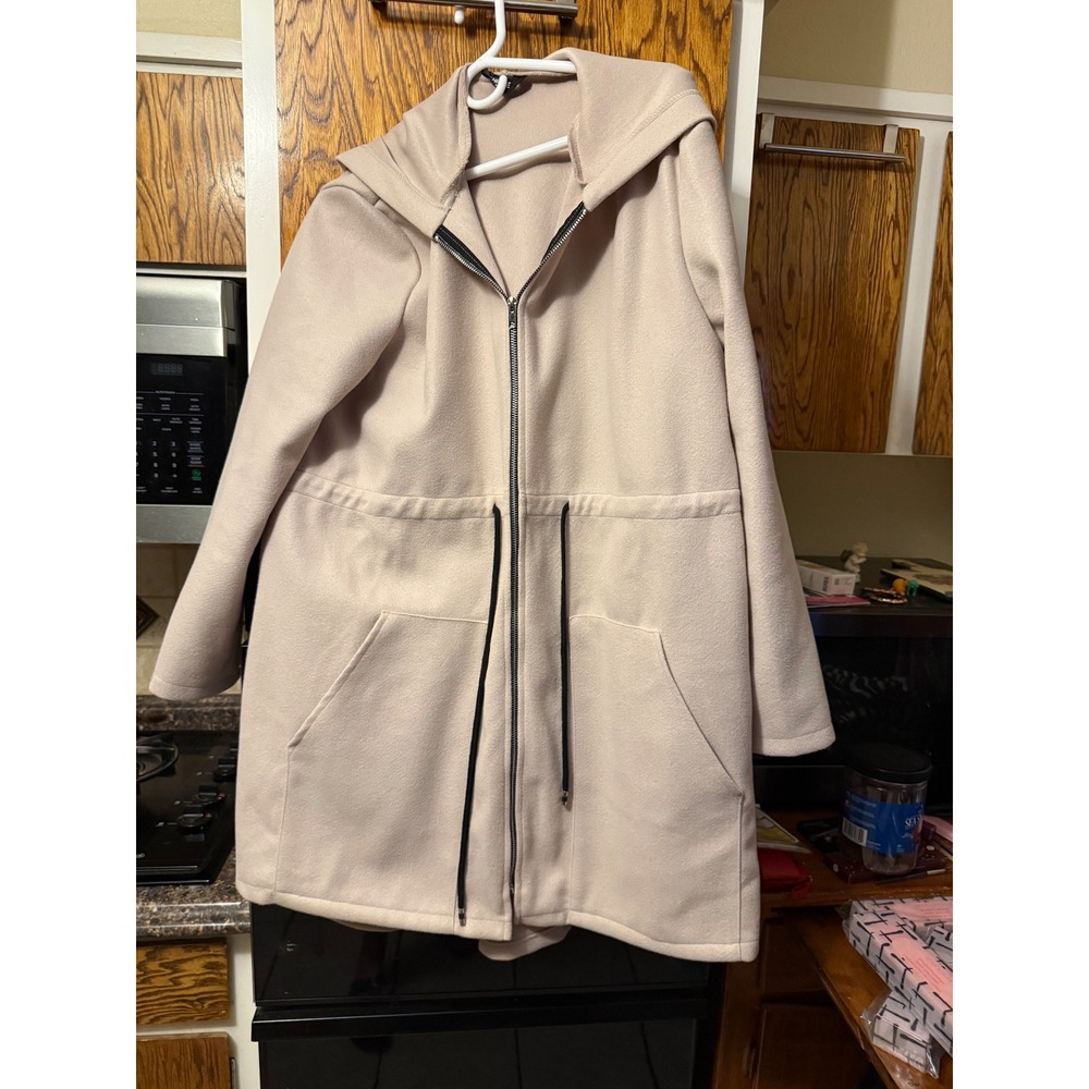 ChicMe Womens Beige Hooded Zip Up Drawstring Waist Mid Length Coat XL